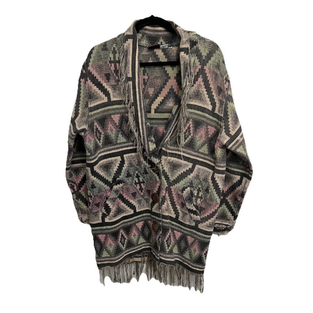 VTG Northern Style Cream Colorful Southwestern Fringe Jacket Western Size M Flaw